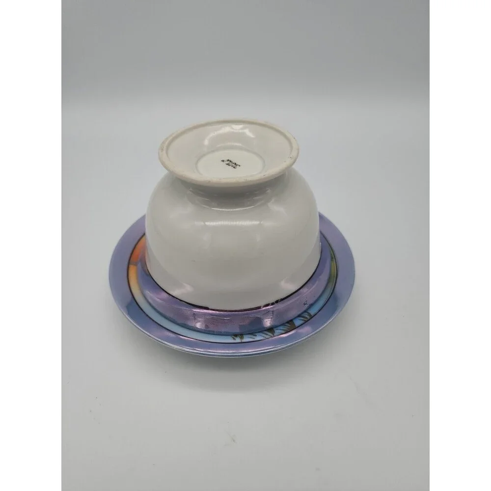 Japan Footed Rice Bowl & Plate Blue Luster Edge Hand Painted Sunset Water House